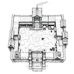 A detailed black and white drawing featuring both top and side views of a rectangular dwarven military garrison