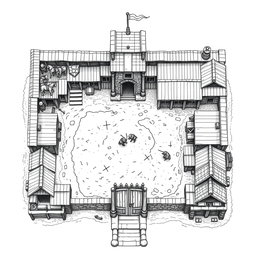A detailed black and white drawing featuring both top and side views of a rectangular dwarven military garrison