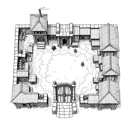 A detailed black and white drawing featuring both top and side views of a rectangular dwarven military garrison
