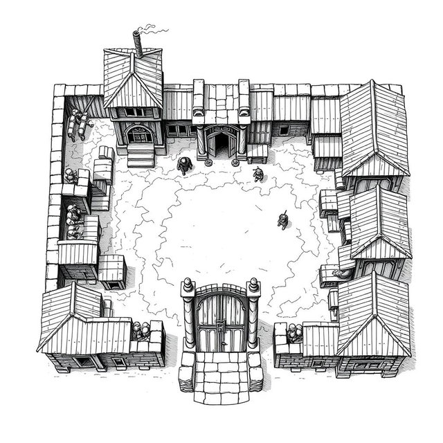 A detailed black and white drawing featuring both top and side views of a rectangular dwarven military garrison