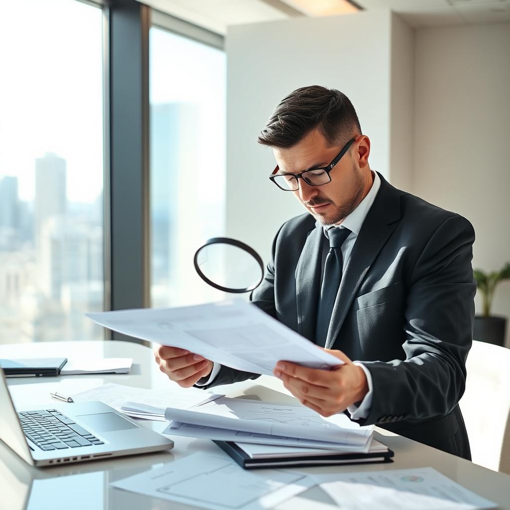 Professional Auditor Examines Financial Documents in Modern Office