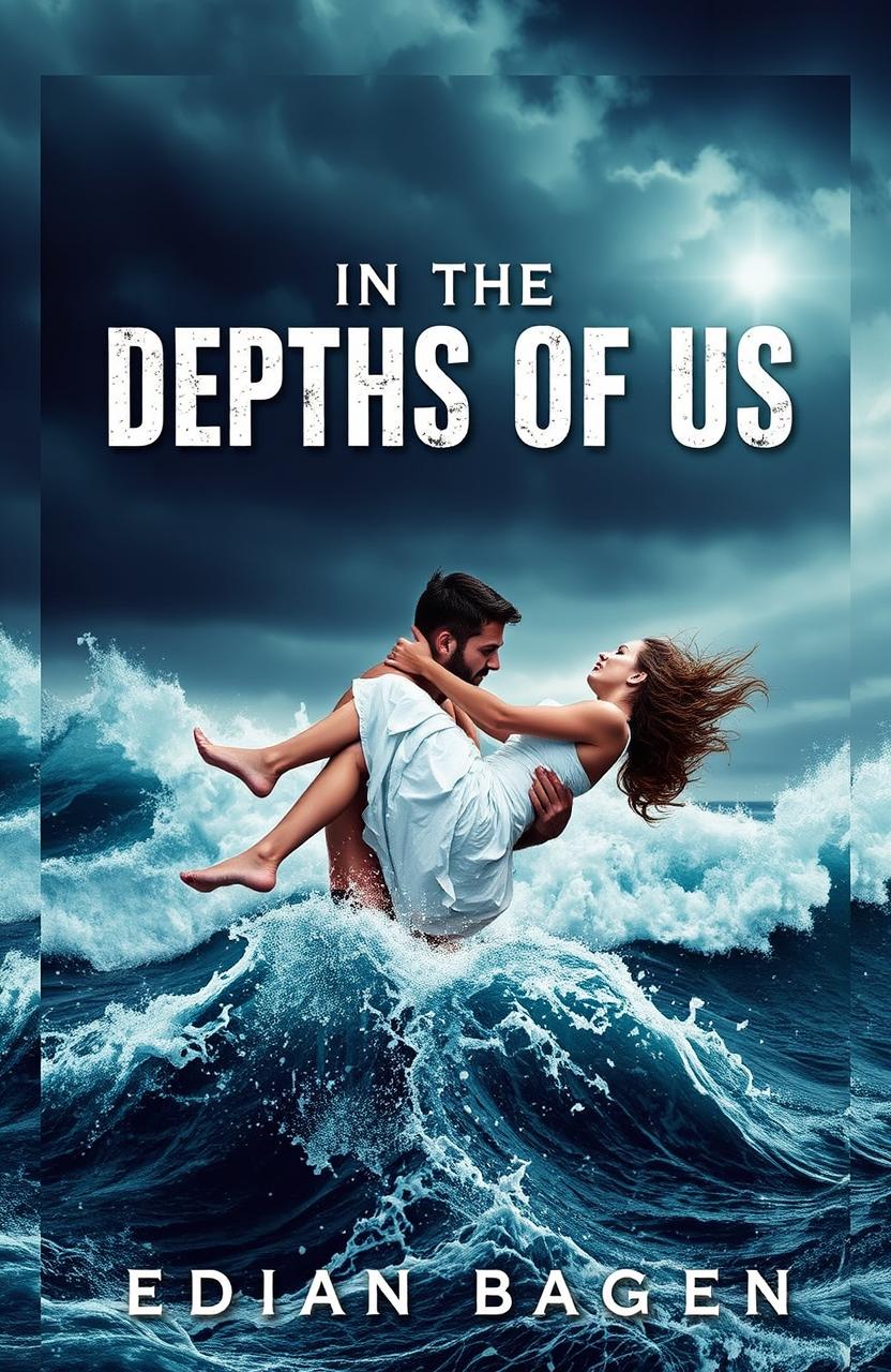 A dramatic book cover for 'In the Depths of Us' featuring a heroic scene where the male hero is saving the female heroine from a stormy ocean