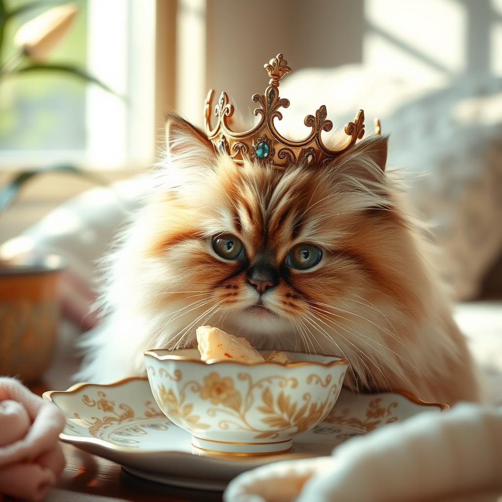 A charming scene featuring a fluffy cat wearing a regal crown, delicately eating from an ornate dish
