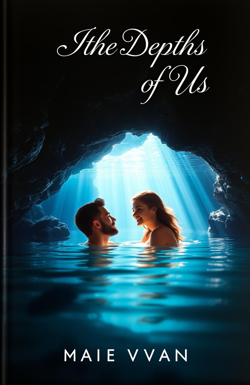 The cover of a book titled 'In the Depths of Us', featuring a hero and heroine submerged in the calm, crystalline waters of a hidden underwater cave