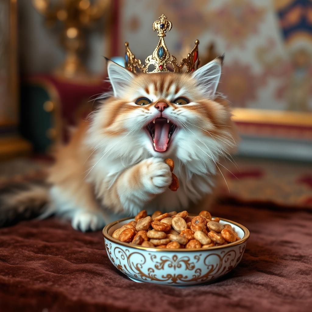 A charming scene of a fluffy cat wearing a regal crown, playfully eating from a fancy dish filled with gourmet cat food
