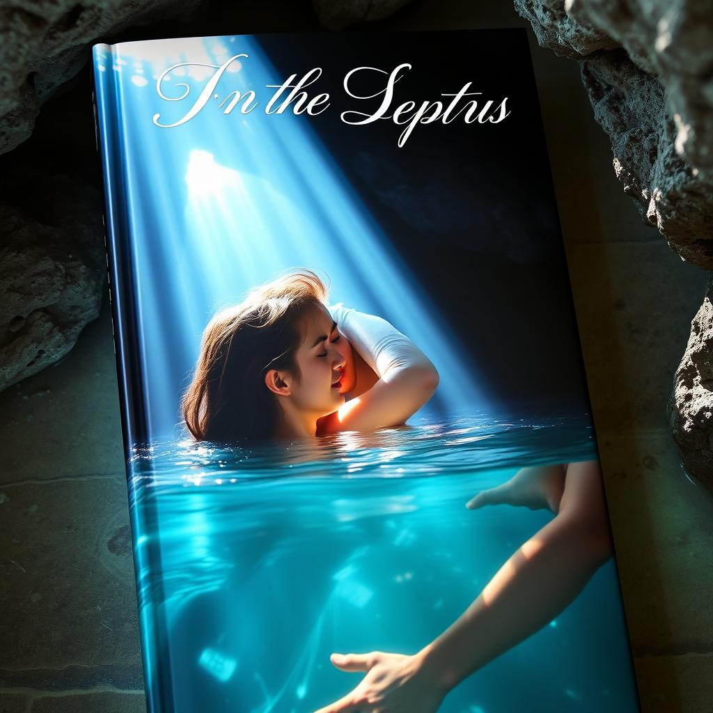 The cover of a book titled 'In the Depths of Us', showcasing a hero and heroine submerged in the tranquil, clear waters of a hidden cave