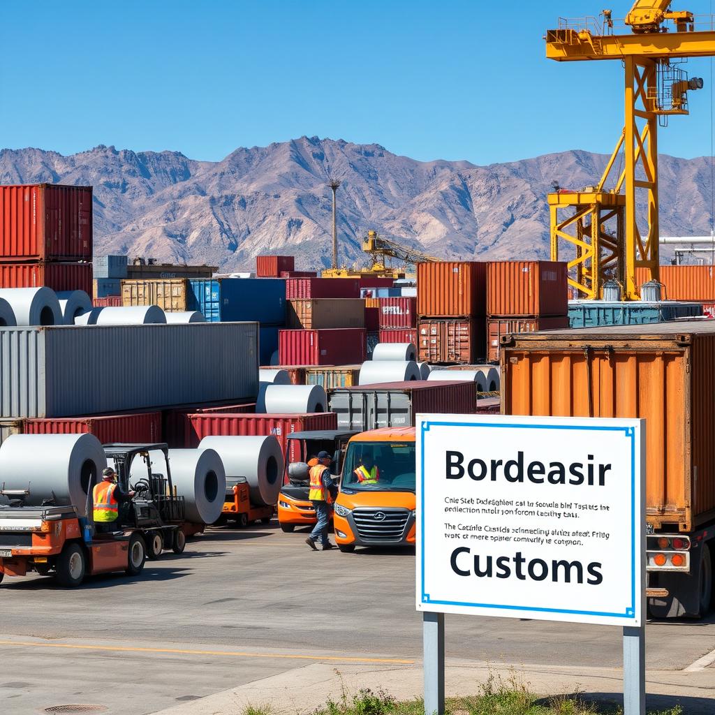 A bustling customs office at the Steel Bordasir site, showcasing the industrial environment