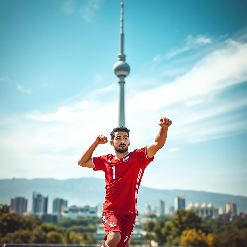 An artistic portrayal of a famous football player, wearing a vibrant red jersey, striking a dynamic pose by the Milad Tower in Tehran