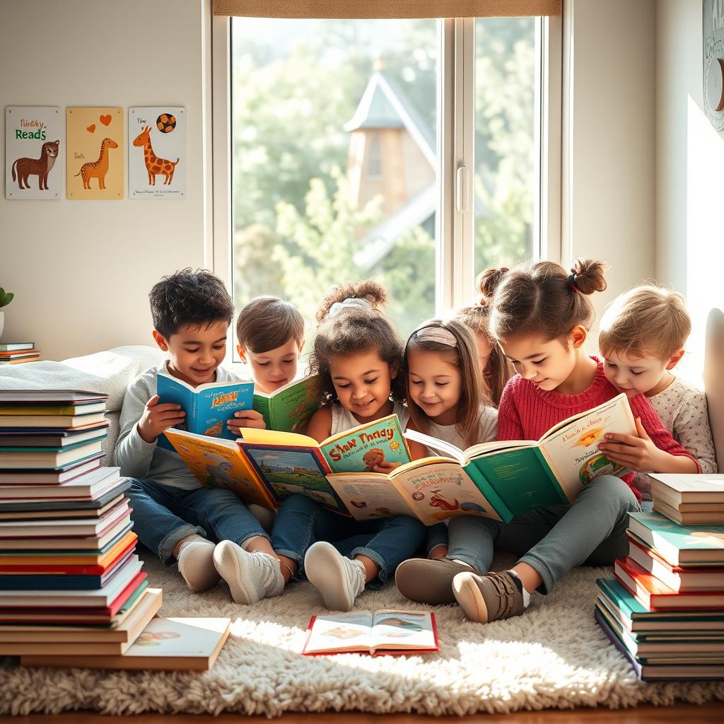 A serene and joyful scene in a cozy reading nook, featuring a diverse group of preschool children engaged in reading colorful books