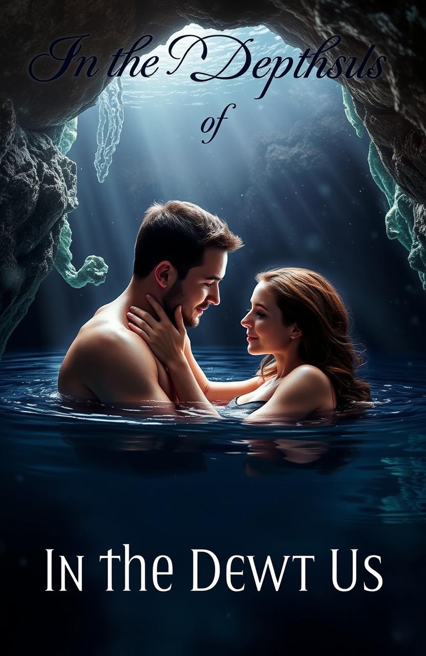 The cover of a book titled 'In the Depths of Us' features a captivating underwater scene set in a hidden cave