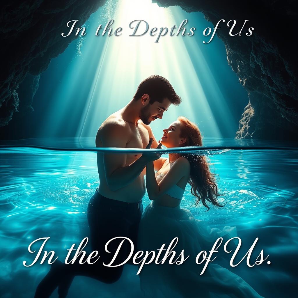 The cover of a book titled 'In the Depths of Us' features a beautiful underwater scene set in a hidden cave, where both the hero and heroine are submerged in serene waters
