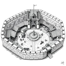 A detailed black and white drawing of a square dwarven clan bastion, featuring a sturdy stone perimeter wall that provides a sense of fortification