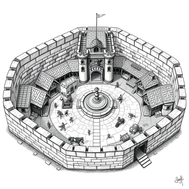 A detailed black and white drawing of a square dwarven clan bastion, featuring a sturdy stone perimeter wall that provides a sense of fortification