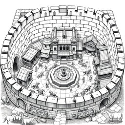 A detailed black and white drawing of a square dwarven clan bastion, featuring a sturdy stone perimeter wall that provides a sense of fortification