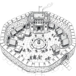 A detailed black and white drawing of a square dwarven clan bastion, featuring a sturdy stone perimeter wall that provides a sense of fortification