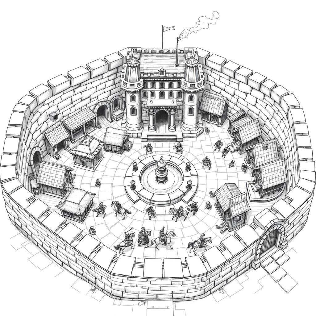 A detailed black and white drawing of a square dwarven clan bastion, featuring a sturdy stone perimeter wall that provides a sense of fortification