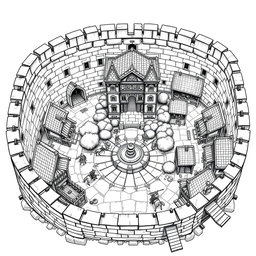 A detailed black and white drawing of a square dwarven clan bastion, featuring a sturdy stone perimeter wall that provides a sense of fortification