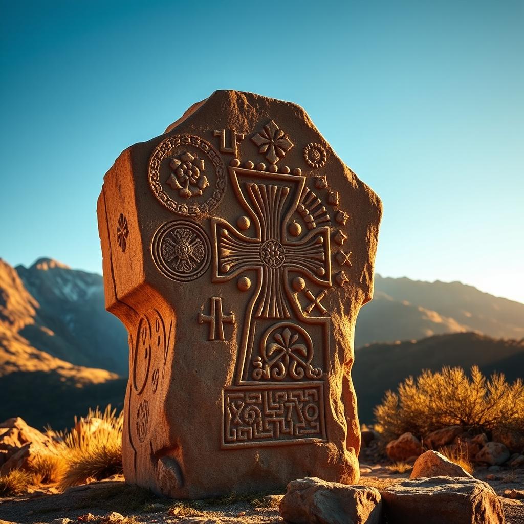 A stunning Armenian khachkar (cross-stone) beautifully carved with intricate designs and symbols, set against a picturesque mountainous backdrop