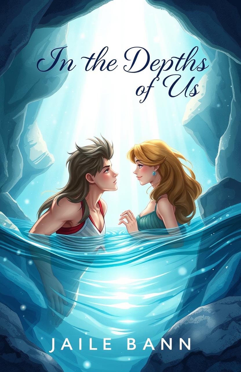 A beautifully illustrated book cover featuring a hero and heroine submerged in the serene, crystal-clear waters of a hidden cave