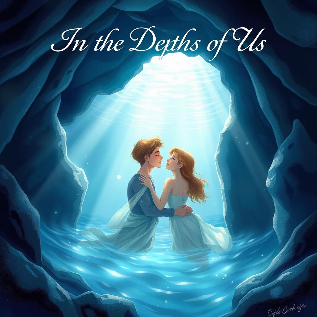 A beautifully illustrated book cover featuring a hero and heroine submerged in the serene, crystal-clear waters of a hidden cave