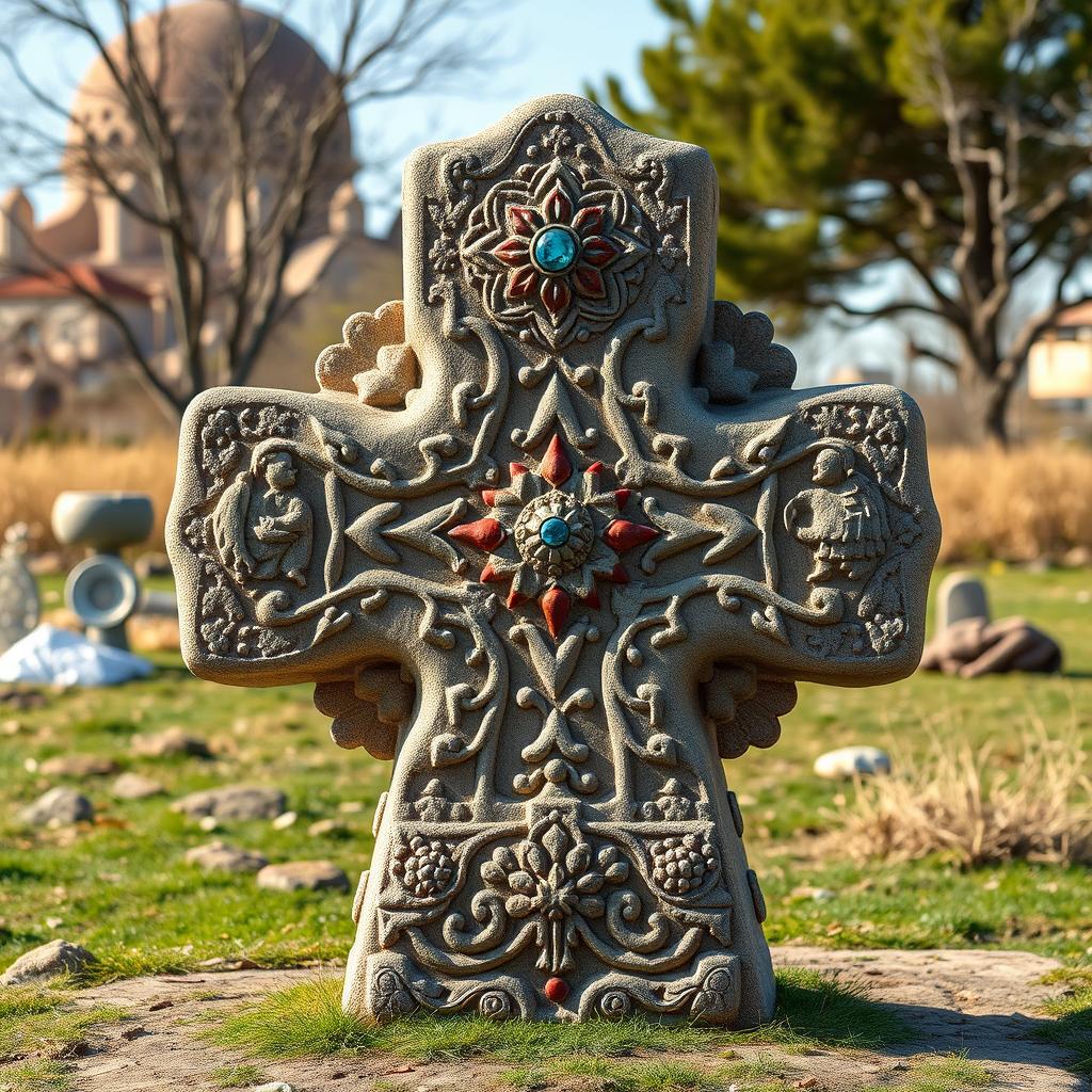 A modern interpretation of an Armenian khachkar (cross-stone) featuring intricate and dense carvings, showcasing a variety of traditional patterns and motifs