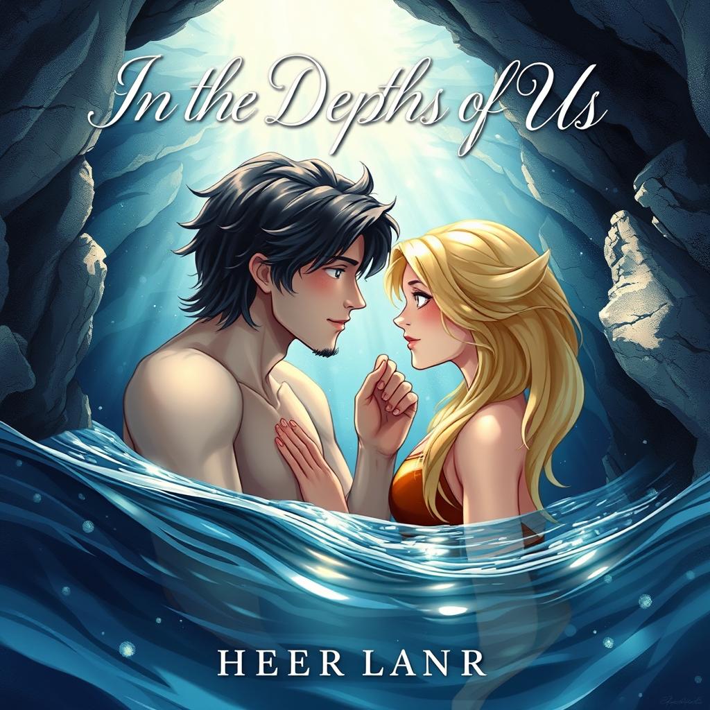 A beautifully illustrated book cover featuring a hero with dark hair and a heroine with blonde hair, both submerged in the serene, crystal-clear waters of a hidden cave