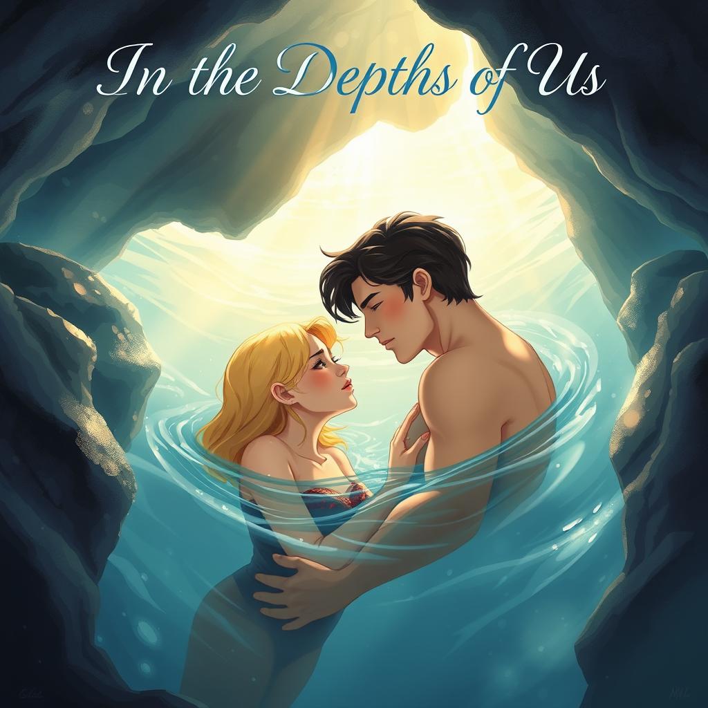 A beautifully illustrated book cover featuring a hero with dark hair and a heroine with blonde hair, both submerged in the serene, crystal-clear waters of a hidden cave