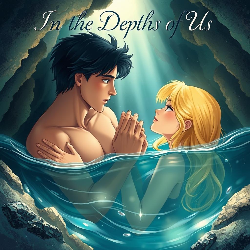 A beautifully illustrated book cover featuring a hero with dark hair and a heroine with blonde hair, both submerged in the serene, crystal-clear waters of a hidden cave