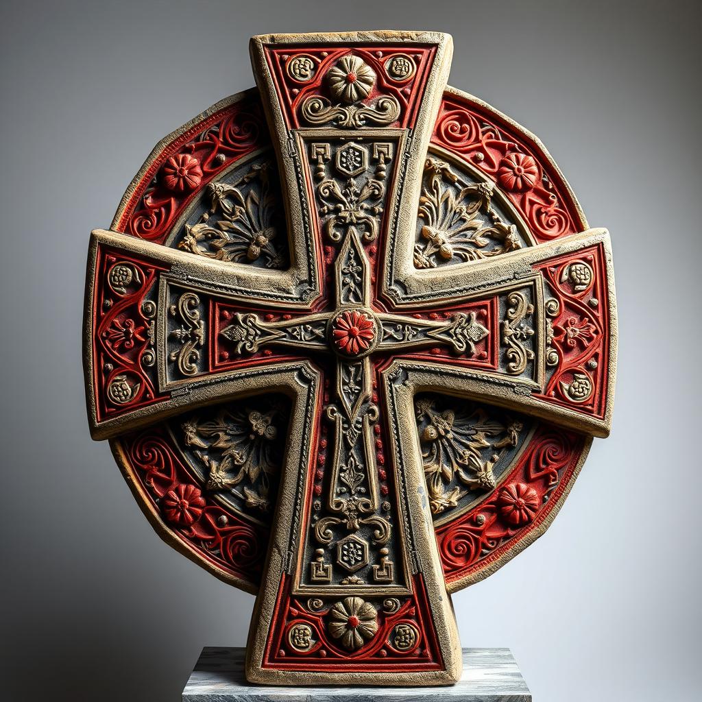 A modern interpretation of an Armenian khachkar (cross-stone), standing 2 meters tall and 1 meter wide, adorned with intricate patterns and richly detailed carvings