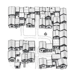 A detailed black and white drawing showcasing both top and side views of a square quarter of dwellings for dwarves within a city