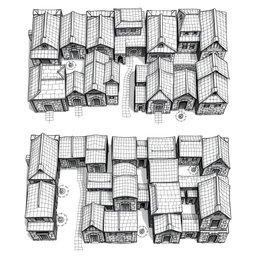 A detailed black and white drawing showcasing both top and side views of a square quarter of dwellings for dwarves within a city