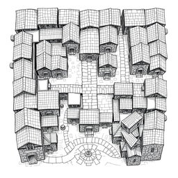 A detailed black and white drawing showcasing both top and side views of a square quarter of dwellings for dwarves within a city