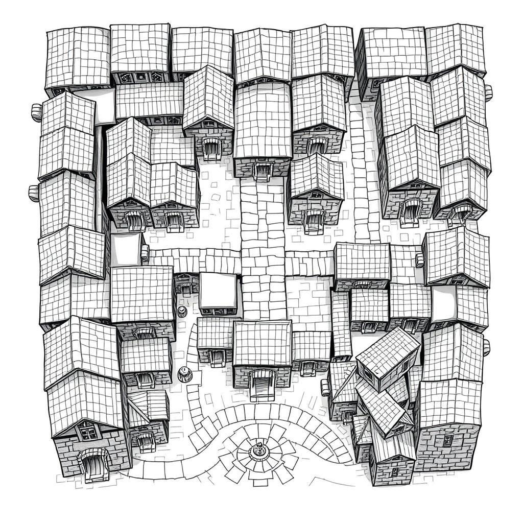 A detailed black and white drawing showcasing both top and side views of a square quarter of dwellings for dwarves within a city