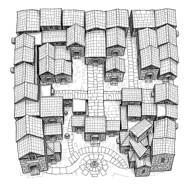 A detailed black and white drawing showcasing both top and side views of a square quarter of dwellings for dwarves within a city