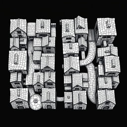 A detailed black and white drawing showcasing both top and side views of a square quarter of dwellings for dwarves within a city