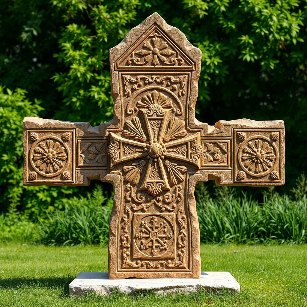 A contemporary Armenian khachkar (cross-stone) standing 2 meters tall and 1 meter wide, intricately designed with rich, elaborate patterns that reflect Armenian cultural motifs