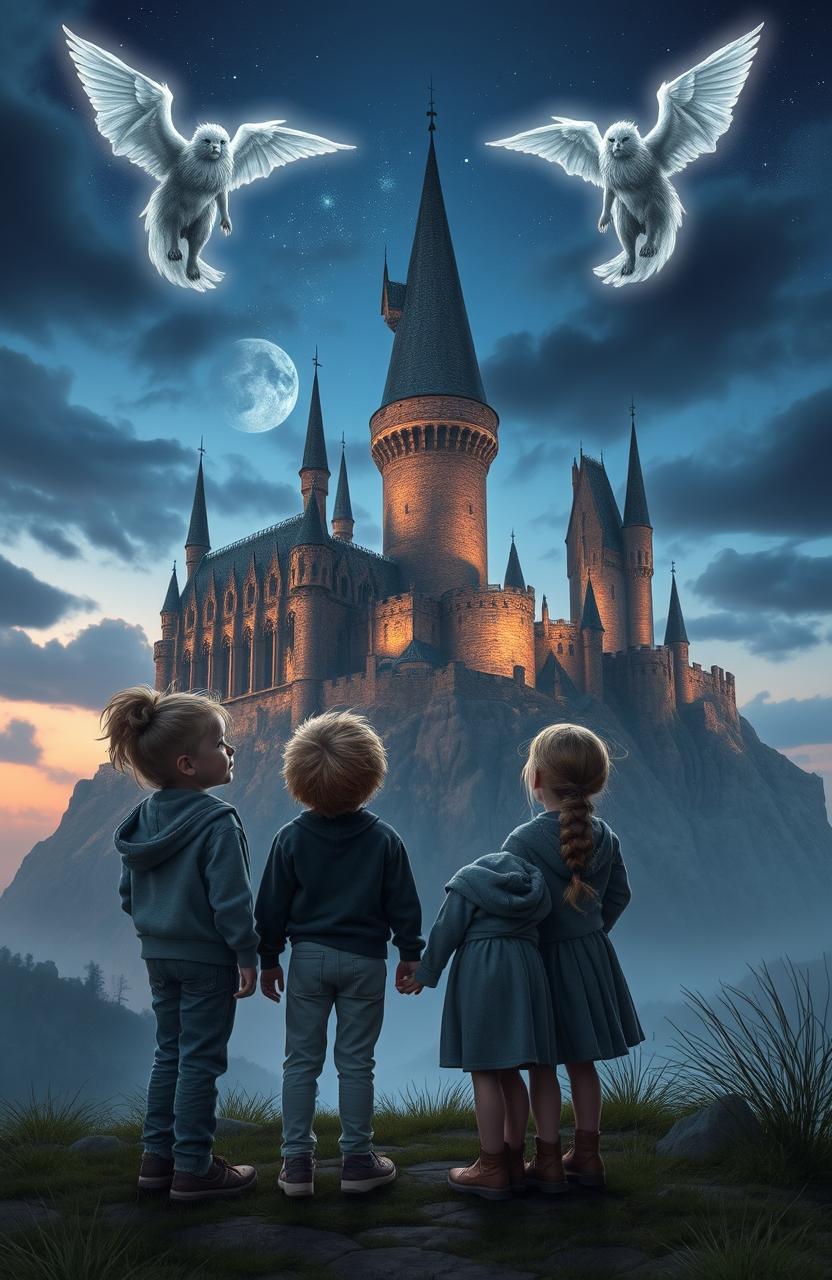 A magical scene depicting Hogwarts Castle in the background, with Victor Rookwood and Ranrok hovering in the sky on each side, appearing slightly transparent as if they're conjured spirits