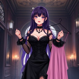 A gothic anime girl with long, flowing dark purple hair stands elegantly in an atmospheric gothic mansion