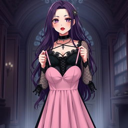 A gothic anime girl with long, flowing dark purple hair stands elegantly in an atmospheric gothic mansion