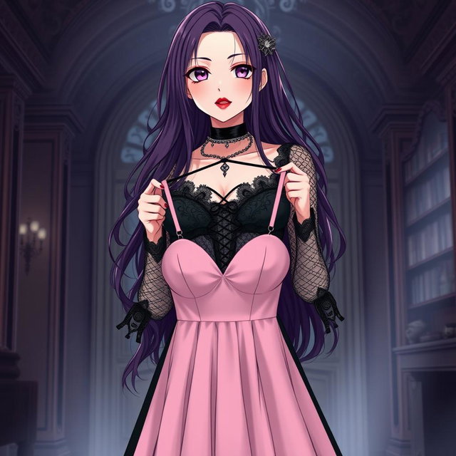 A gothic anime girl with long, flowing dark purple hair stands elegantly in an atmospheric gothic mansion