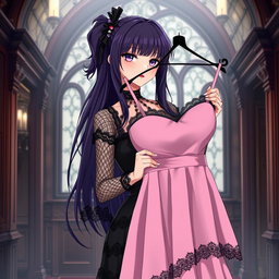 A gothic anime girl with long, flowing dark purple hair stands elegantly in an atmospheric gothic mansion