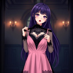 A gothic anime girl with long, flowing dark purple hair stands elegantly in an atmospheric gothic mansion