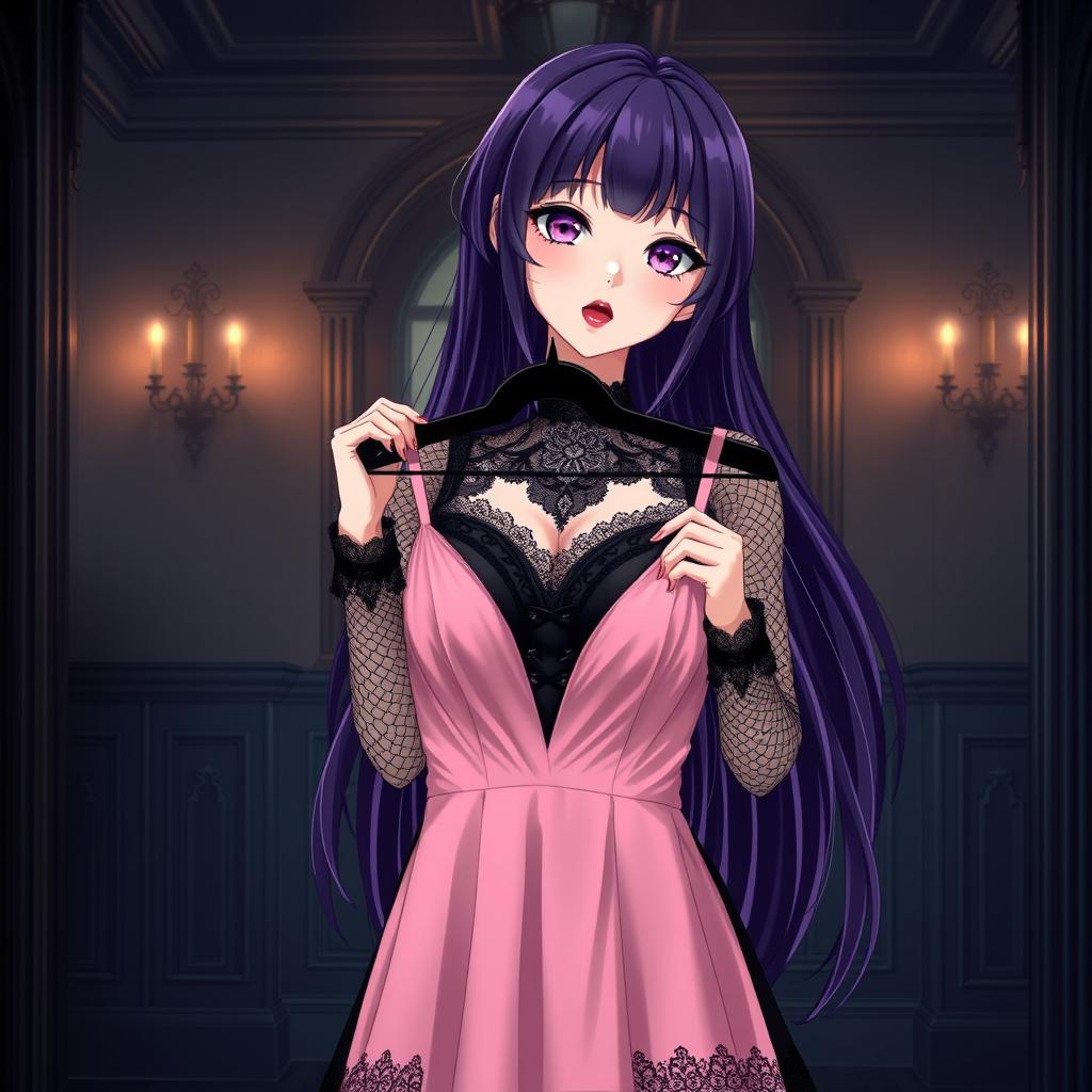 A gothic anime girl with long, flowing dark purple hair stands elegantly in an atmospheric gothic mansion