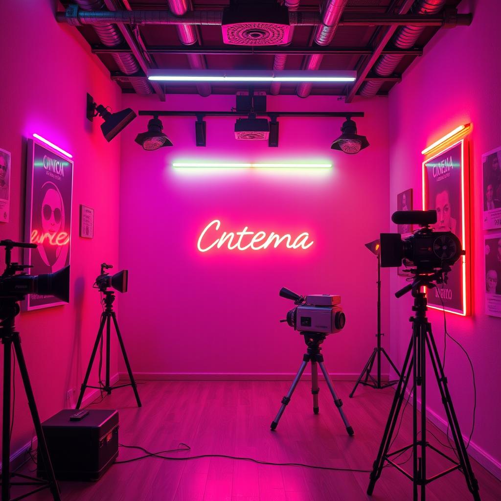 A retro-modern cinema studio background with vibrant neon lighting reflecting an 80s aesthetic