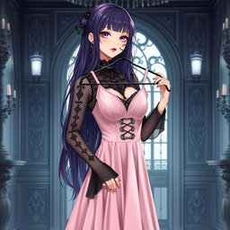 A gothic anime girl with long, dark purple hair cascading elegantly down her back stands in a lavish gothic mansion