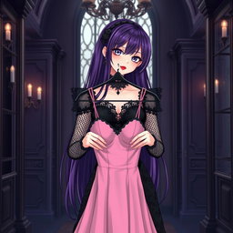 A gothic anime girl with long, dark purple hair cascading elegantly down her back stands in a lavish gothic mansion