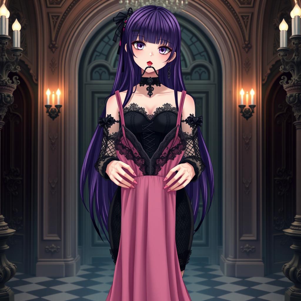 A gothic anime girl with long, dark purple hair cascading elegantly down her back stands in a lavish gothic mansion