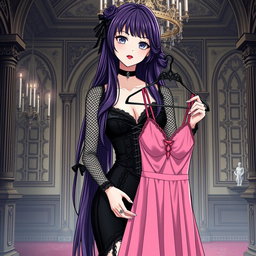 A gothic anime girl with long, dark purple hair cascading elegantly down her back stands in a lavish gothic mansion