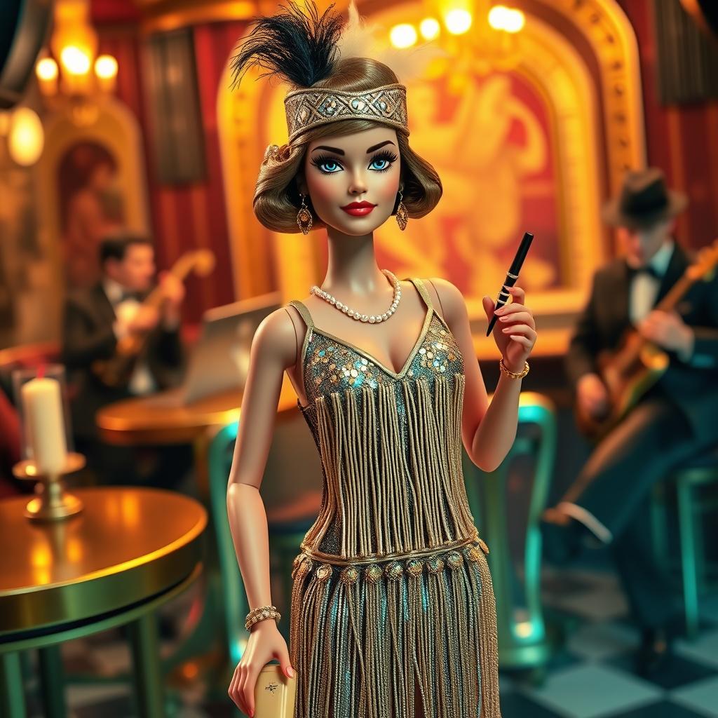 A stylized Barbie doll representing the flapper fashion of the Roaring Twenties, dressed in a sparkling fringe dress with sequins, featuring a headband adorned with a feather, and holding a cigarette holder