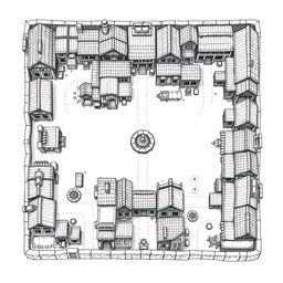 A detailed black and white drawing showcasing both top and side views of a square quarter of dwellings for humans within a dwarven city